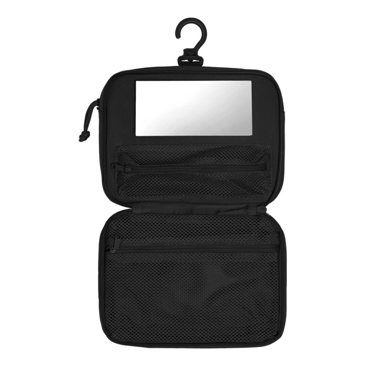 Trousse de toilette A10 TRANSALL noire ouverte – Compartiments intérieurs et crochet