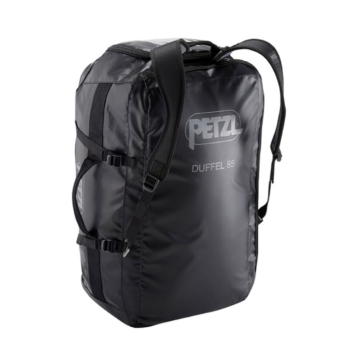 Sac Petzl DUFFEL 85 L noir – Vue verticale avec bretelles de portage