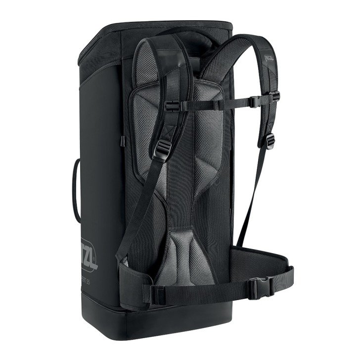 Sac Petzl EXPERT 55 L noir – Vue arrière avec bretelles de portage et ceinture