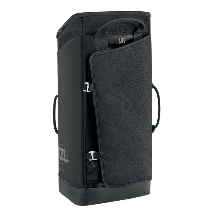 Sac de portage Petzl EXPERT 55 L noir – Vue latérale avec fermeture et poignée
