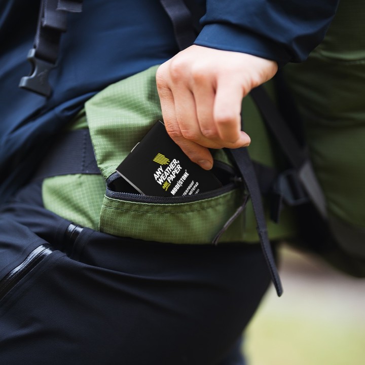 Micro-carnet tout-temps Modestone noir – Utilisation en extérieur avec carnet tenu à la main