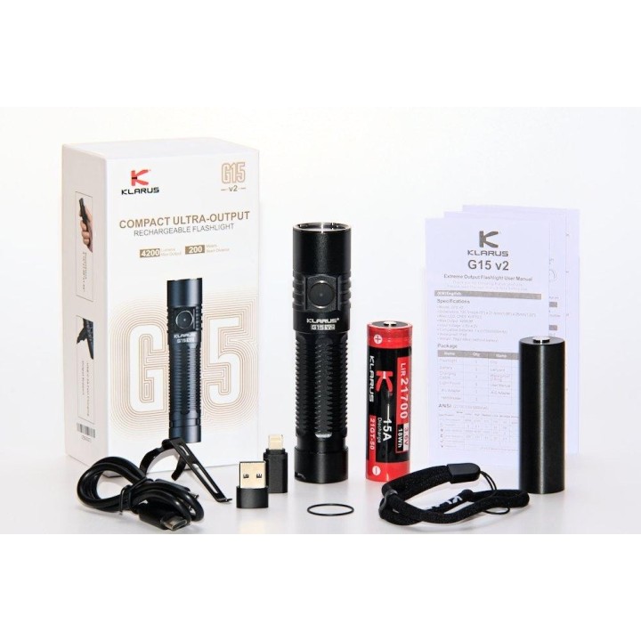 Lampe KLARUS G15 V2.0 avec batterie, emballage et accessoires